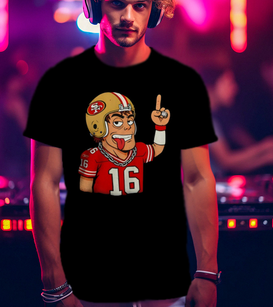 Legendary Quarterback Joe Montana #16 San Francisco 49ers Cartoon Helmet Tongue Out T-Shirt