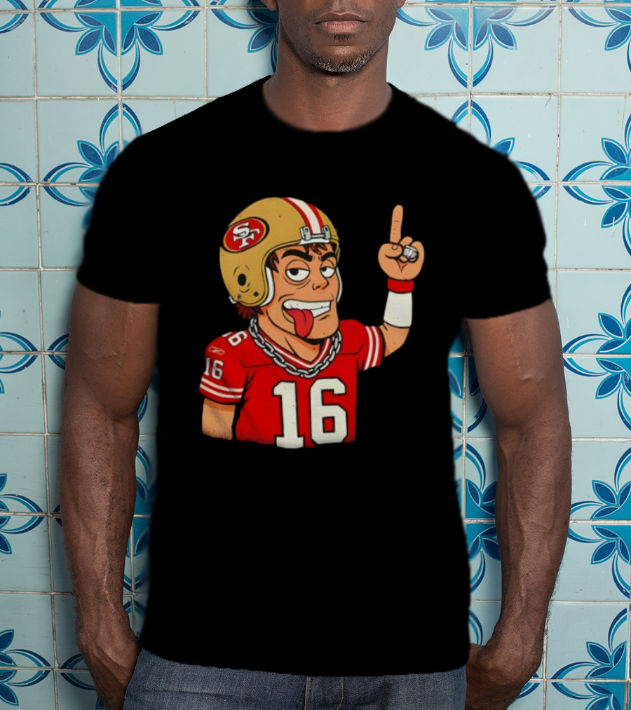 Legendary Quarterback Joe Montana #16 San Francisco 49ers Cartoon Helmet Tongue Out T-Shirt
