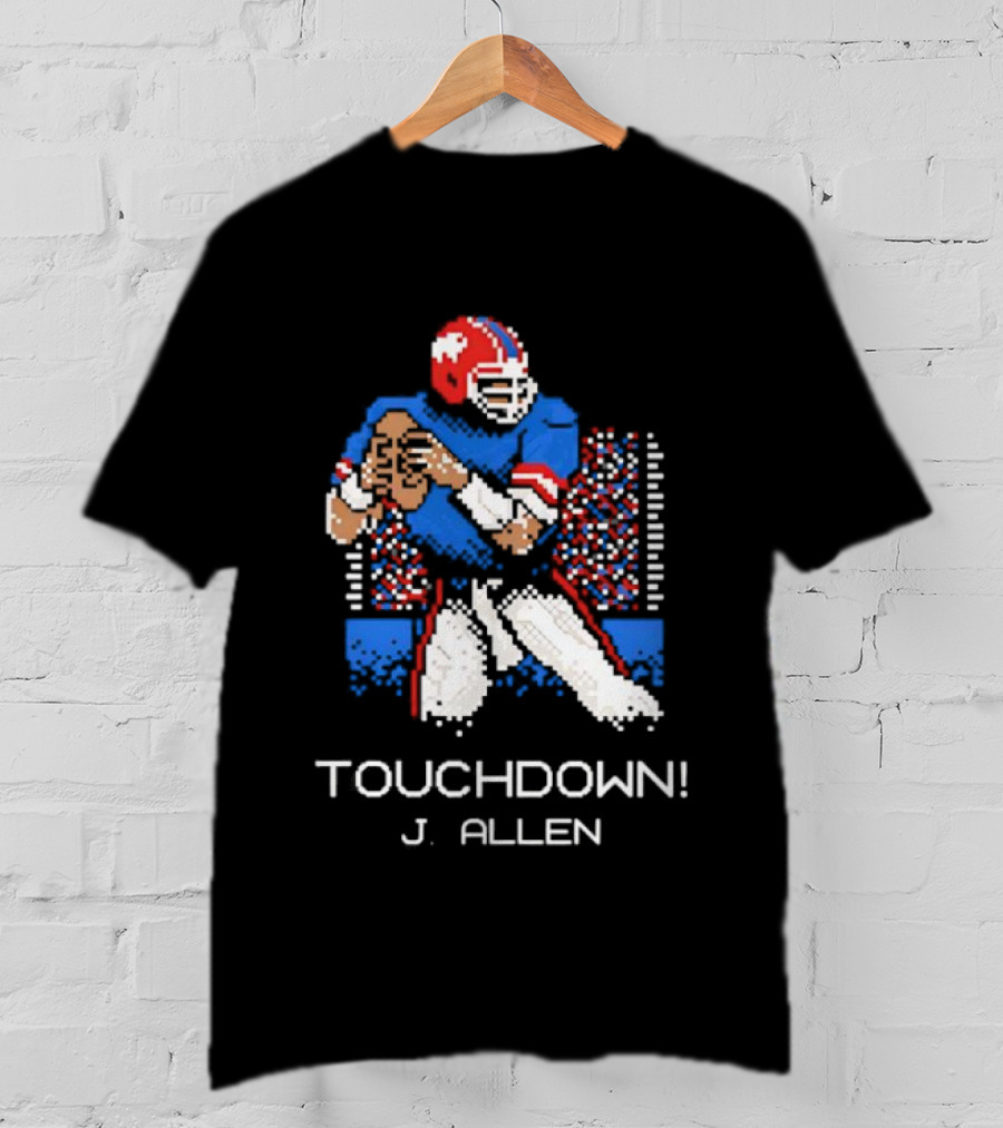 TOUCHDOWN J ALLEN Retro Football Quarterback Blue Red Helmet T-Shirt
