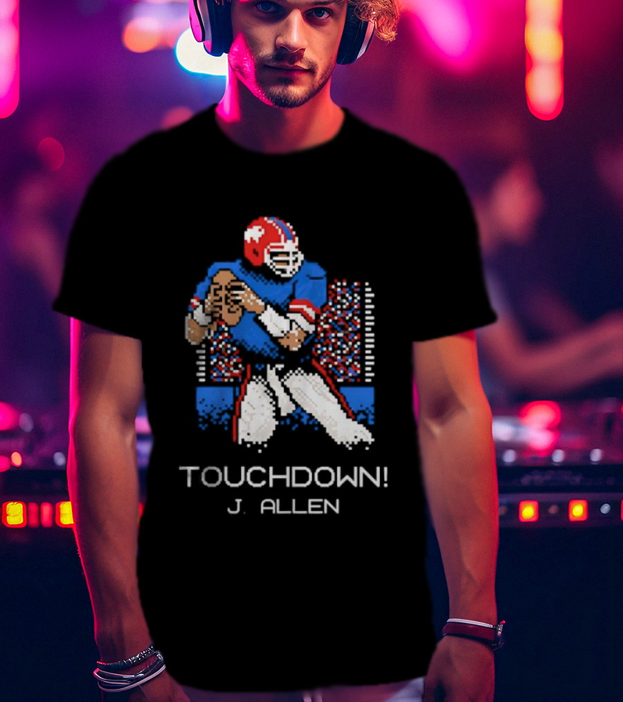 TOUCHDOWN J ALLEN Retro Football Quarterback Blue Red Helmet T-Shirt