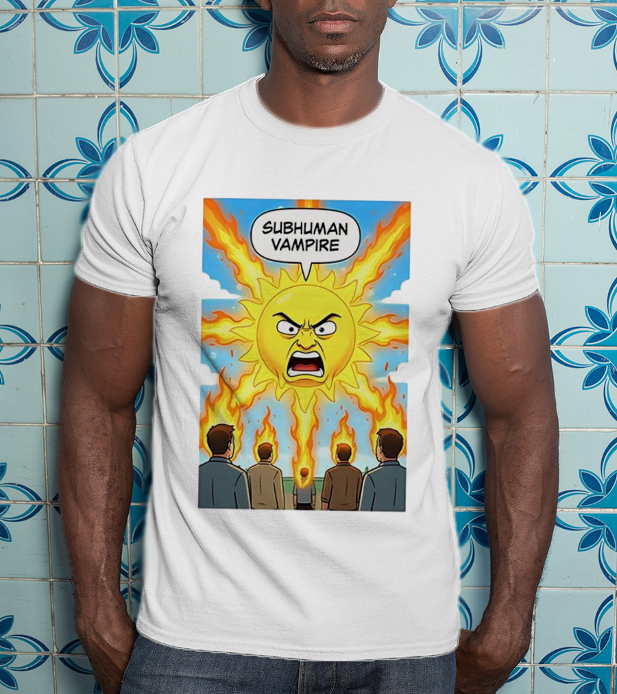 Subhuman Vampire Angry Sun Cartoon With Flames T-Shirt