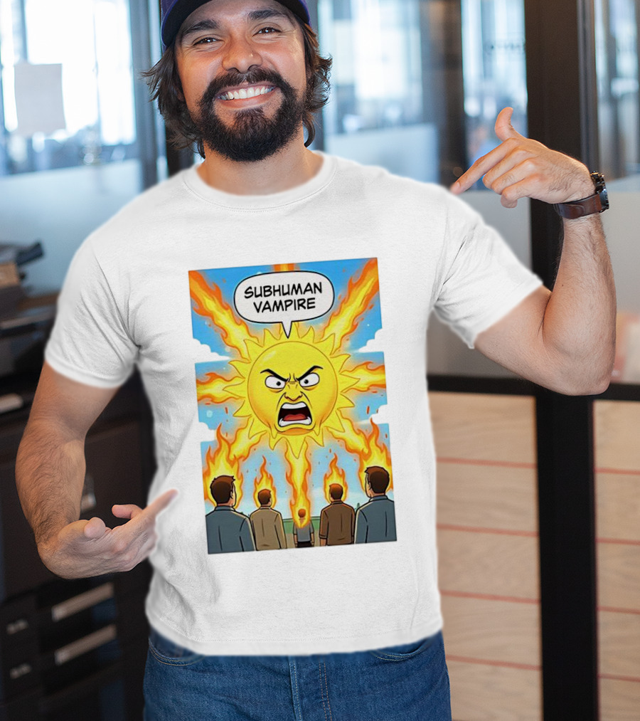 Subhuman Vampire Angry Sun Cartoon With Flames T-Shirt