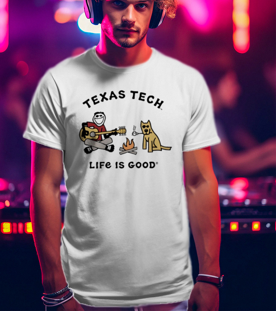 Texas Tech Life Is Good Jake Dog With Guitar And Campfire T-Shirt