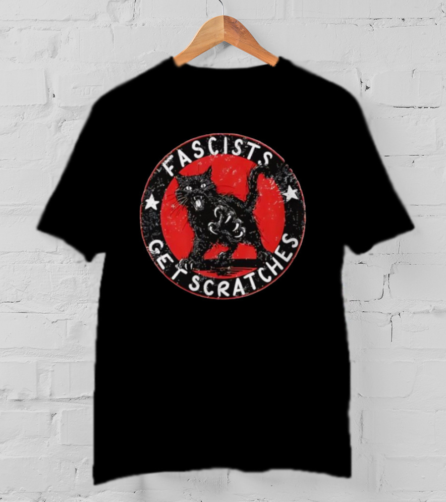 Black Cat Fascists Get Scratches Round Emblem With Stars T-Shirt