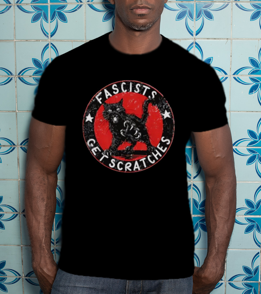 Black Cat Fascists Get Scratches Round Emblem With Stars T-Shirt