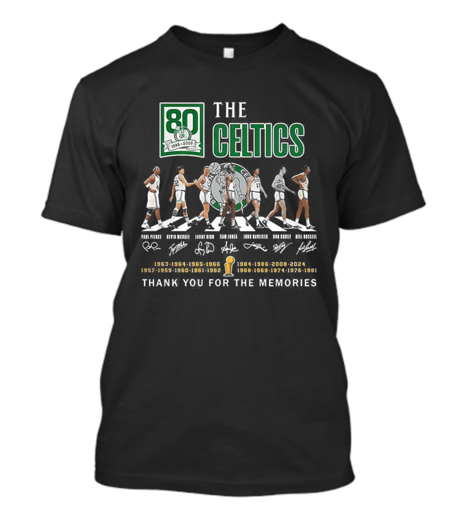 Boston Celtics 80th Anniversary Legendary Players Coaches Signatures Commemorative 1950s 1960s 1970s 1980s T-Shirt