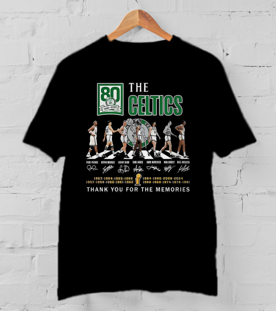 Boston Celtics 80th Anniversary Legendary Players Coaches Signatures Commemorative 1950s 1960s 1970s 1980s T-Shirt