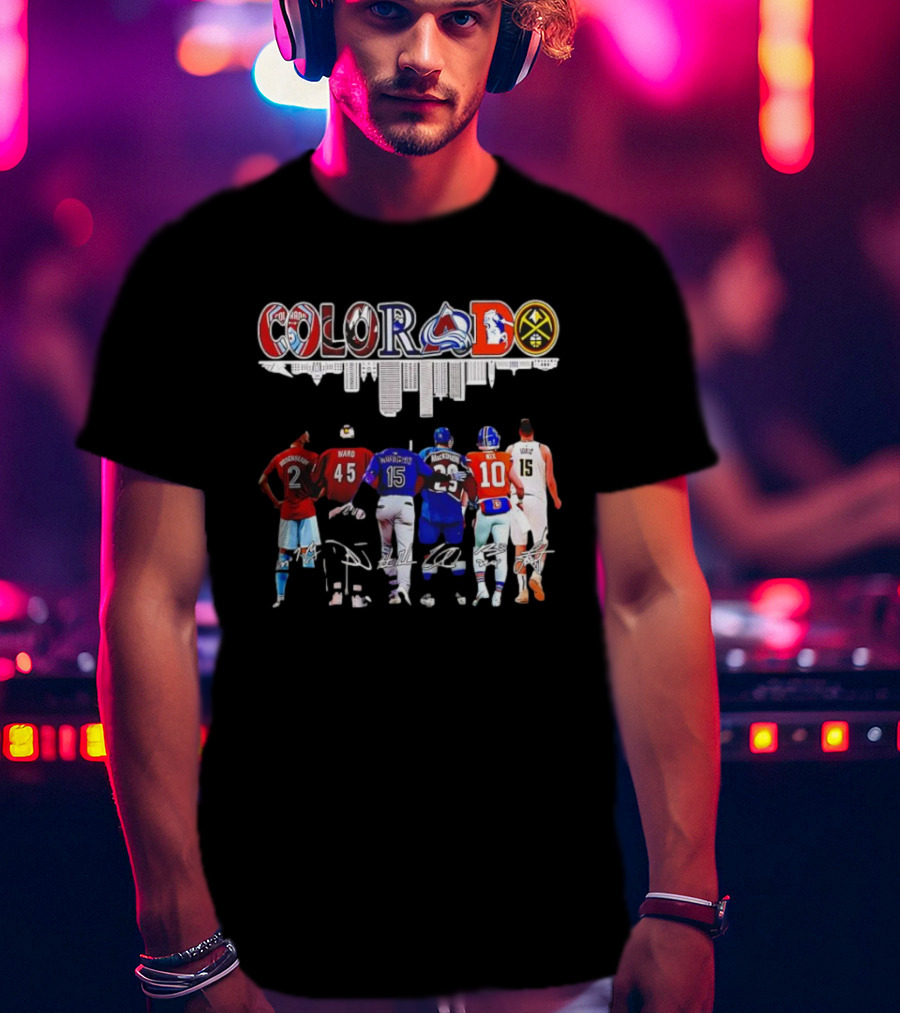Colorado Avalanche Broncos Nuggets Rockies Jerseys And Ward Jokic Signatures T-Shirt