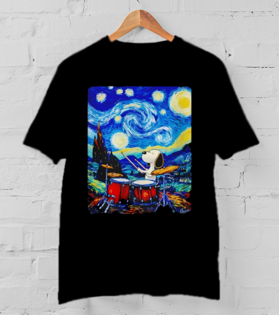Snoopy Playing Drums Starry Night Van Gogh T-Shirt