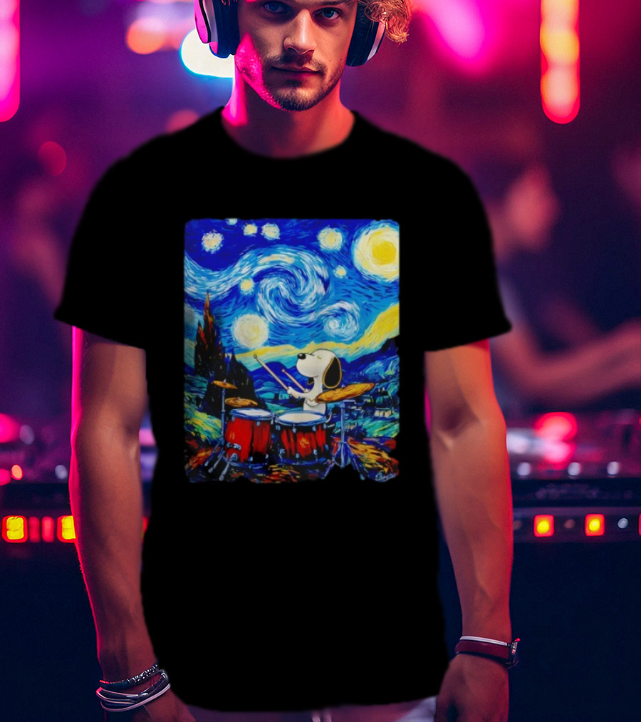 Snoopy Playing Drums Starry Night Van Gogh T-Shirt