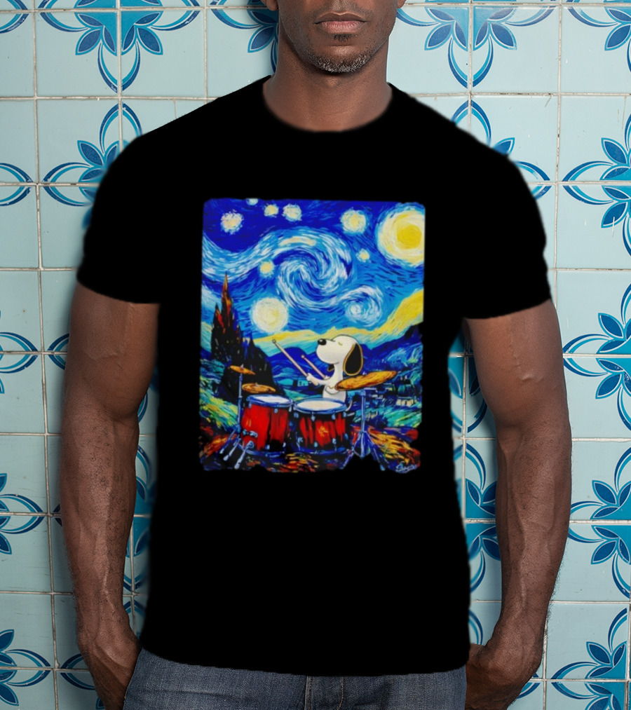 Snoopy Playing Drums Starry Night Van Gogh T-Shirt