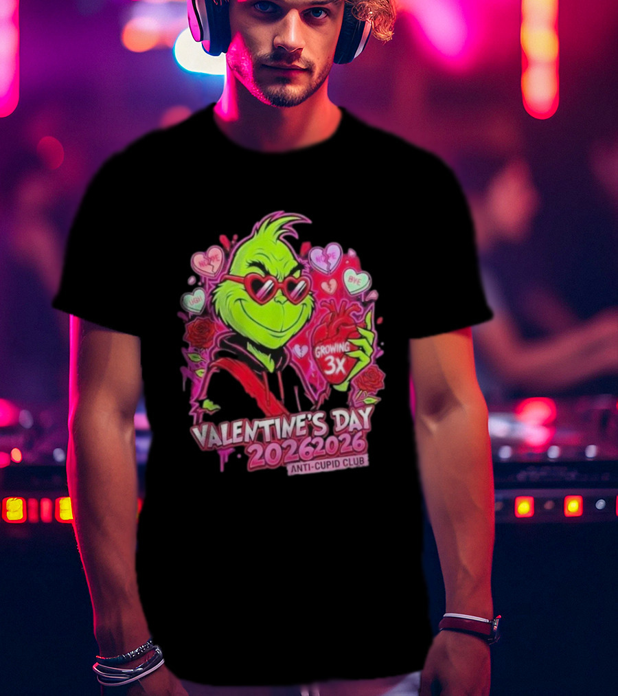 The Grinch Valentine's Day 2026 Anti Cupid Club Growing 3X Heart Funny Sarcastic Candy Hearts T-Shirt