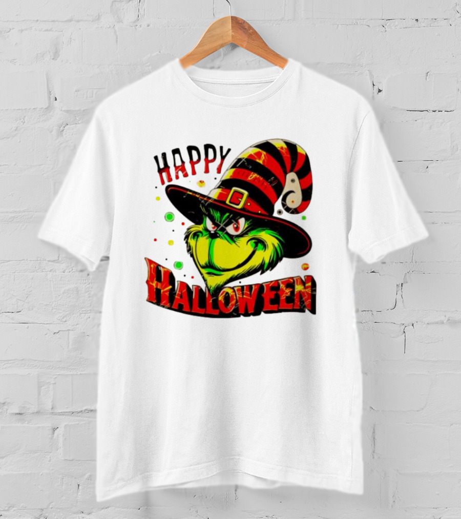 Happy Halloween Grinch Witch Hat Striped Festive T-Shirt