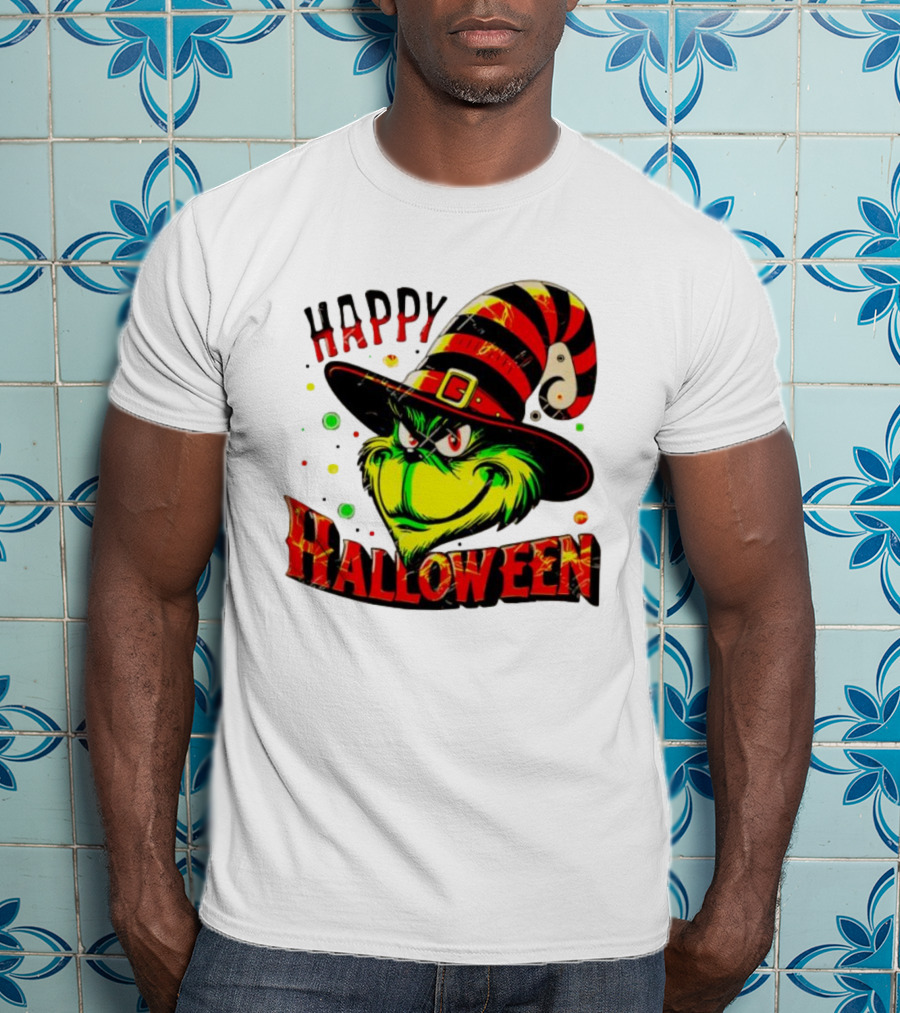 Happy Halloween Grinch Witch Hat Striped Festive T-Shirt