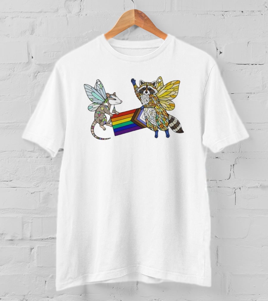 LGBTQ Pride Flag Fairy Opossum And Raccoon With Wings T-Shirt