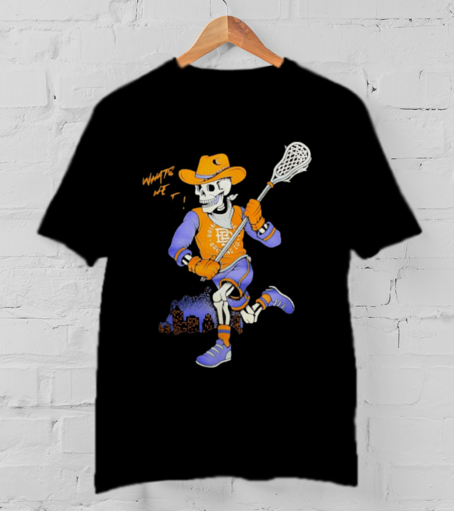 BriarBrothers Brewing Co Skeleton Lacrosse Player With City Skyline T-Shirt