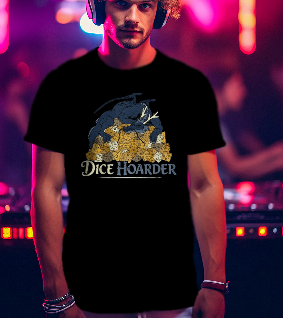 Dice Hoarder Dragon With Pile Of Polyhedral Dice Dungeons And Dragons Fantasy T-Shirt