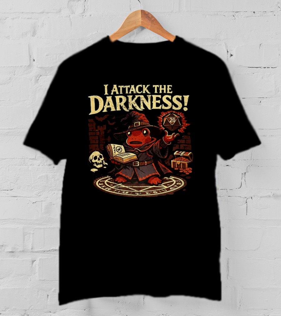 I Attack The Darkness Frog Wizard D20 Skull Spellbook Dungeon Treasure T-Shirt