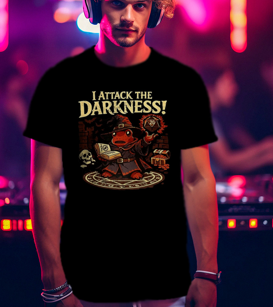 I Attack The Darkness Frog Wizard D20 Skull Spellbook Dungeon Treasure T-Shirt