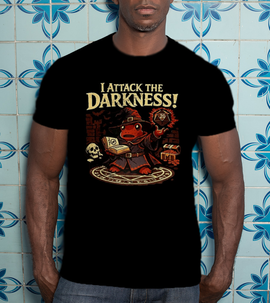 I Attack The Darkness Frog Wizard D20 Skull Spellbook Dungeon Treasure T-Shirt