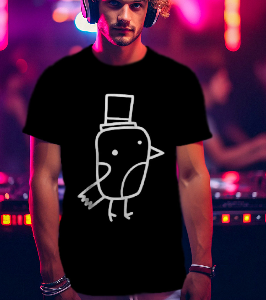 Minimalist Line Art Gentleman Bird Doodle Top Hat T-Shirt