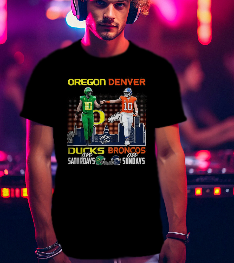 Oregon Ducks Saturdays Denver Broncos Sundays Bo Nix Signature Skyline T-Shirt