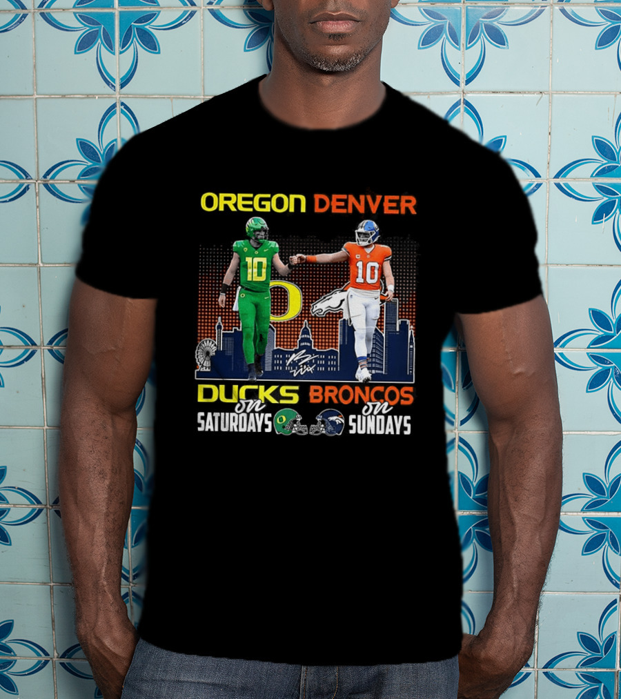 Oregon Ducks Saturdays Denver Broncos Sundays Bo Nix Signature Skyline T-Shirt