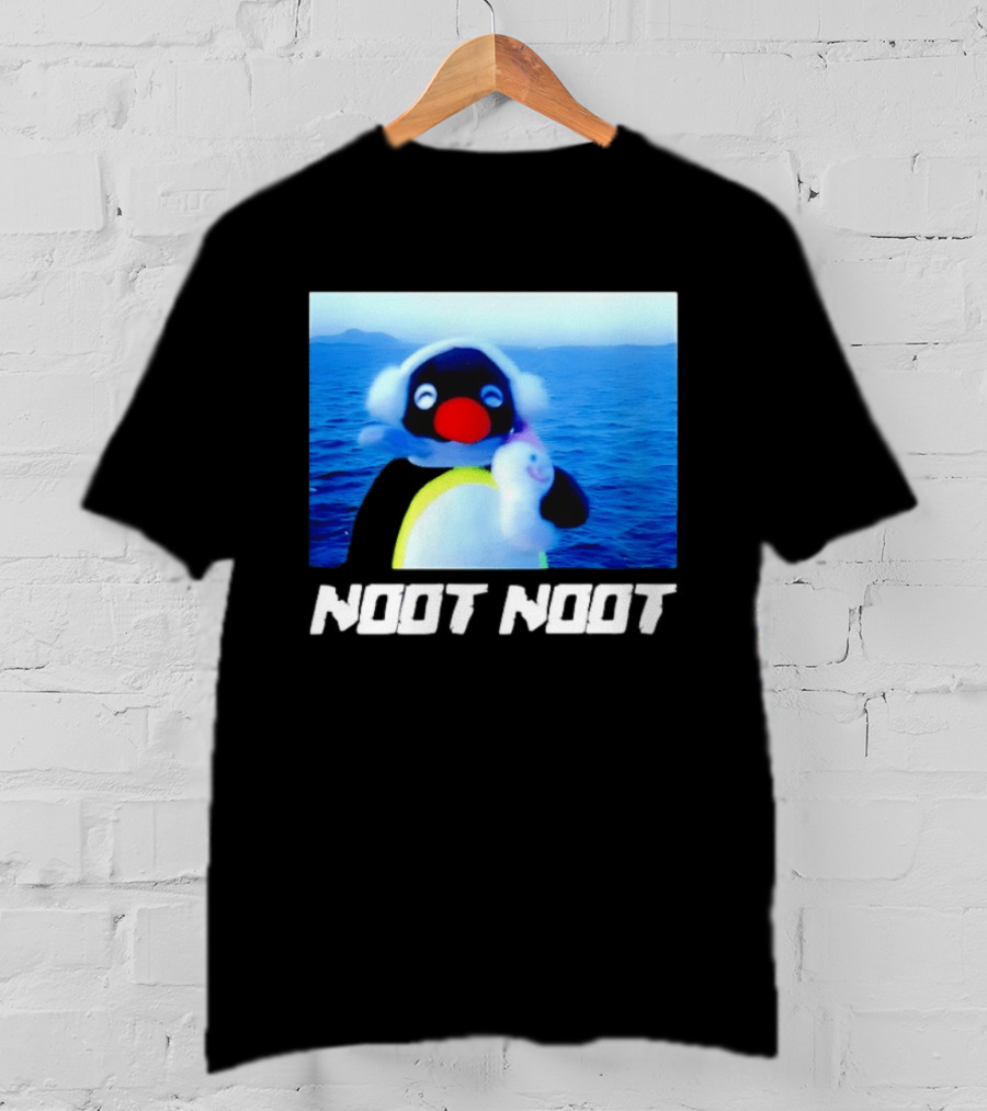 Noot Noot Penguin Holding Toy Ocean Background T-Shirt