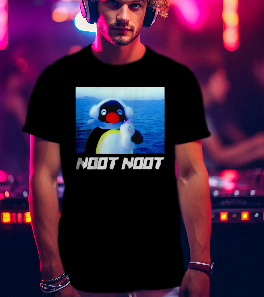 Noot Noot Penguin Holding Toy Ocean Background T-Shirt