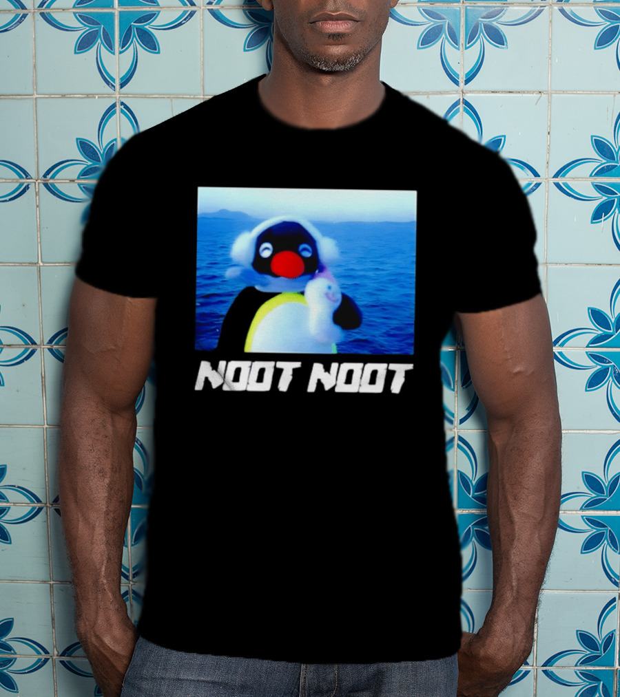 Noot Noot Penguin Holding Toy Ocean Background T-Shirt