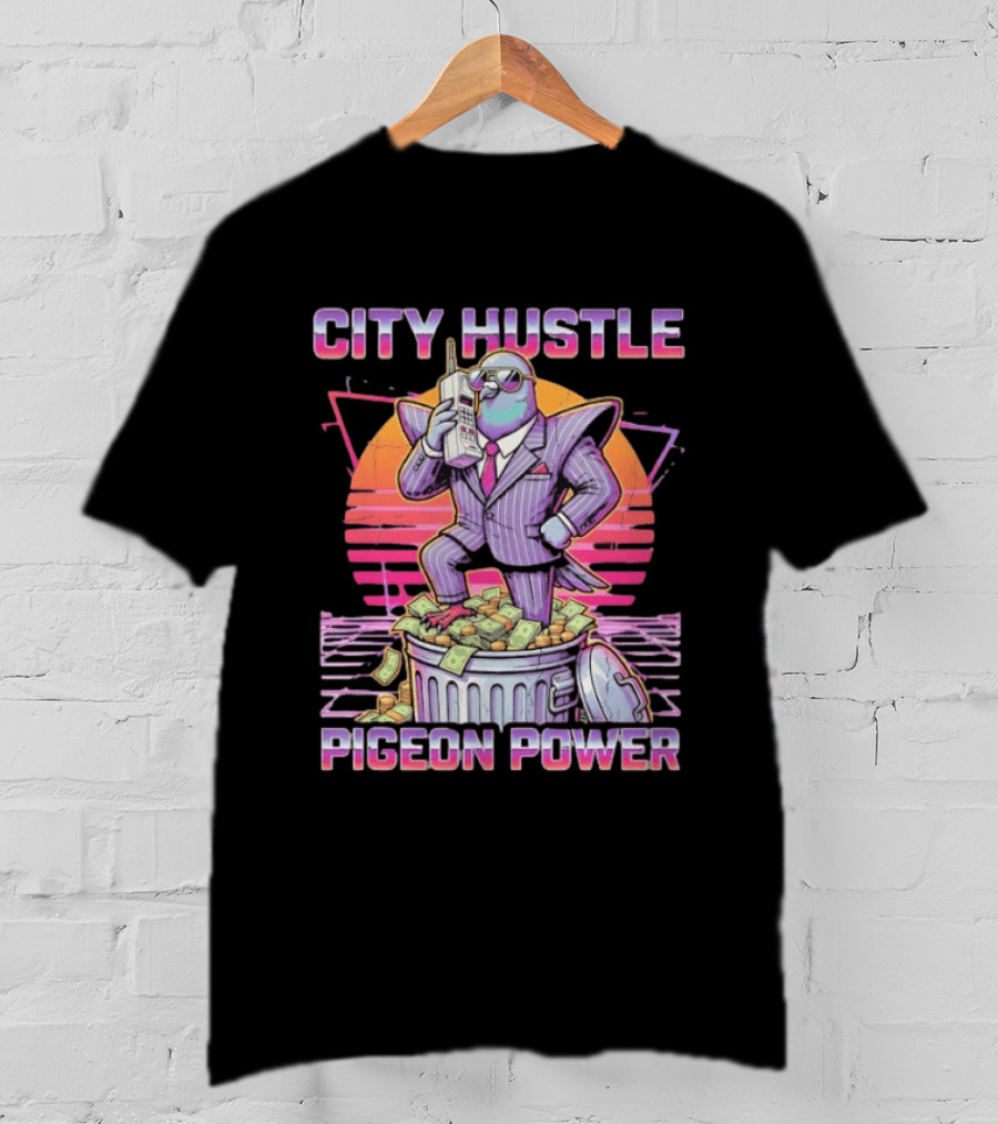 Pigeon Power City Hustle Funny Retro 80s Synthwave Suit Money Trash Can Telephone T-Shirt