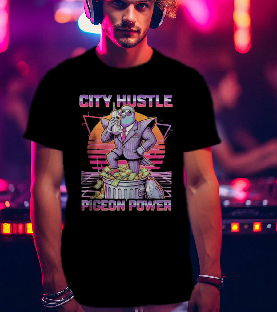 Pigeon Power City Hustle Funny Retro 80s Synthwave Suit Money Trash Can Telephone T-Shirt