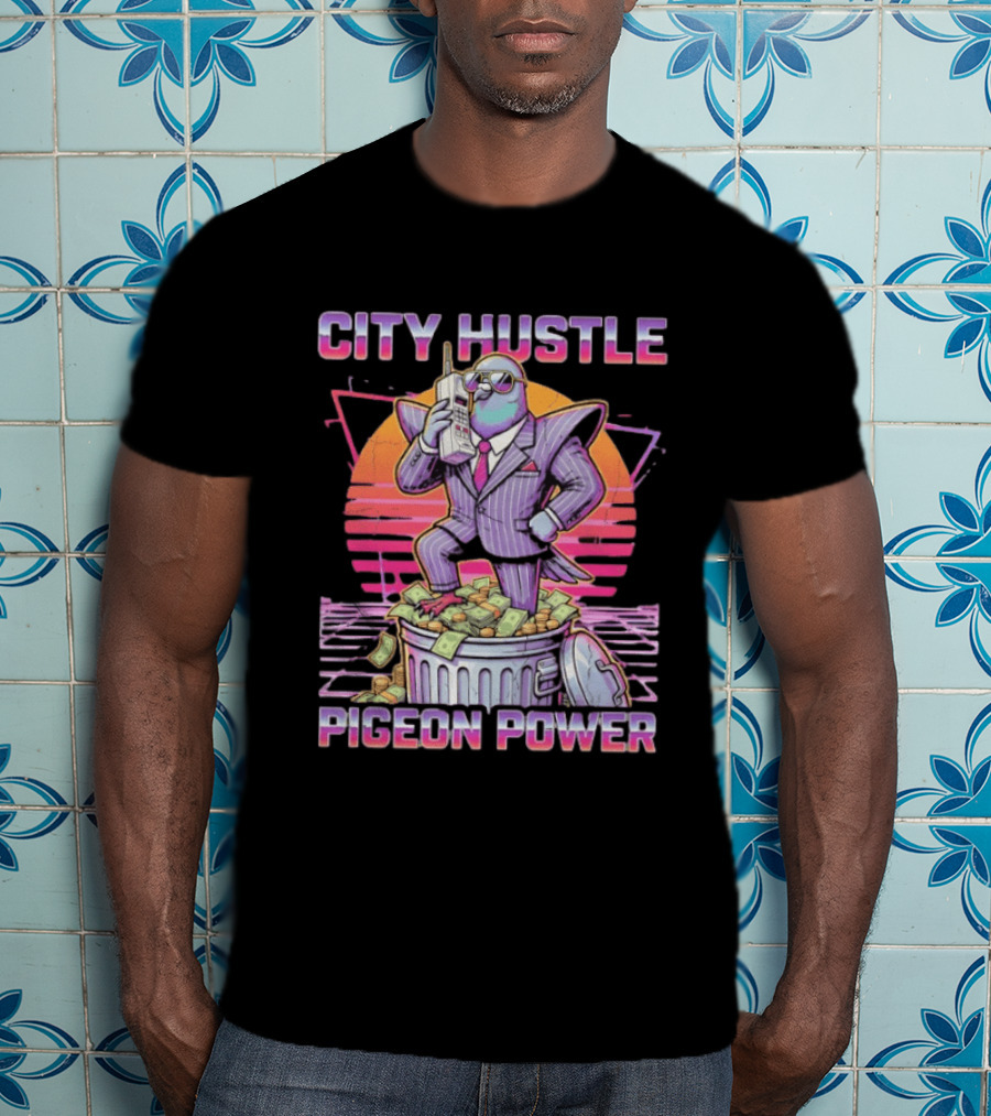 Pigeon Power City Hustle Funny Retro 80s Synthwave Suit Money Trash Can Telephone T-Shirt