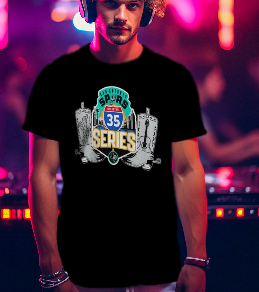 San Antonio Spurs Interstate 35 Series Cactus Guitar Boots Skyline T-Shirt