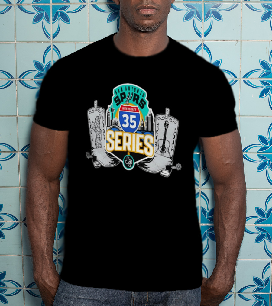 San Antonio Spurs Interstate 35 Series Cactus Guitar Boots Skyline T-Shirt