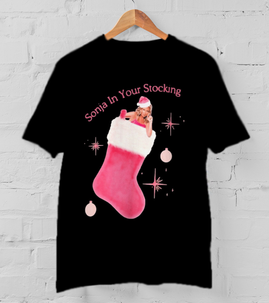 Sonja In Your Stocking Holiday Christmas Sox Pink Santa Hat Festive T-Shirt