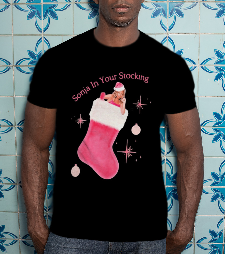Sonja In Your Stocking Holiday Christmas Sox Pink Santa Hat Festive T-Shirt