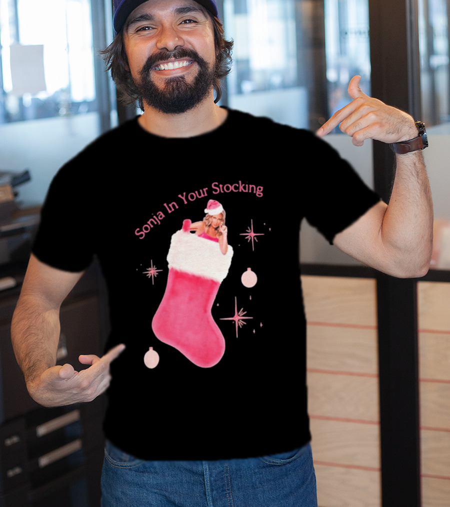 Sonja In Your Stocking Holiday Christmas Sox Pink Santa Hat Festive T-Shirt