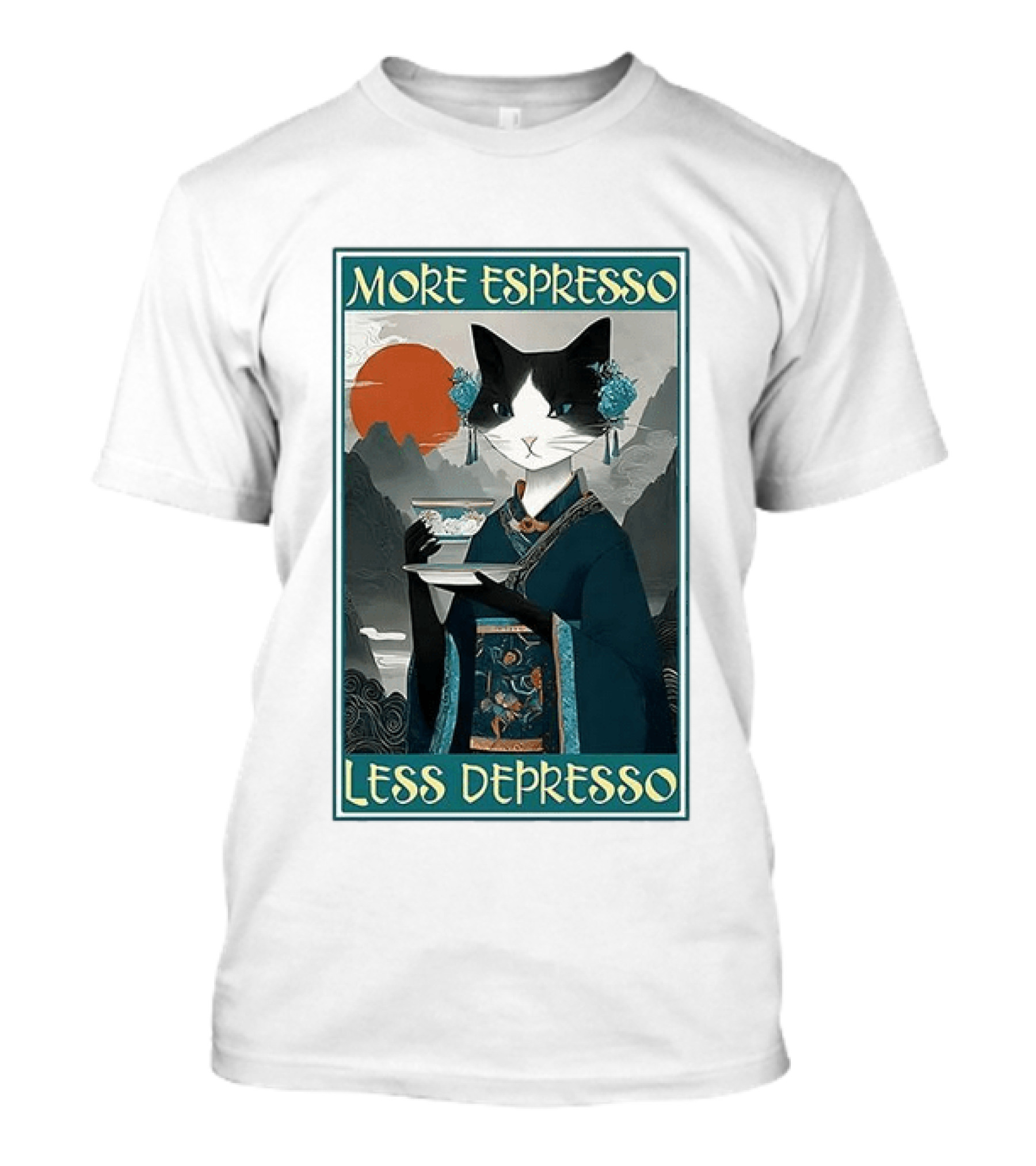 More Espresso Less Depresso Zen Barista Cat Ukiyo E T-Shirt