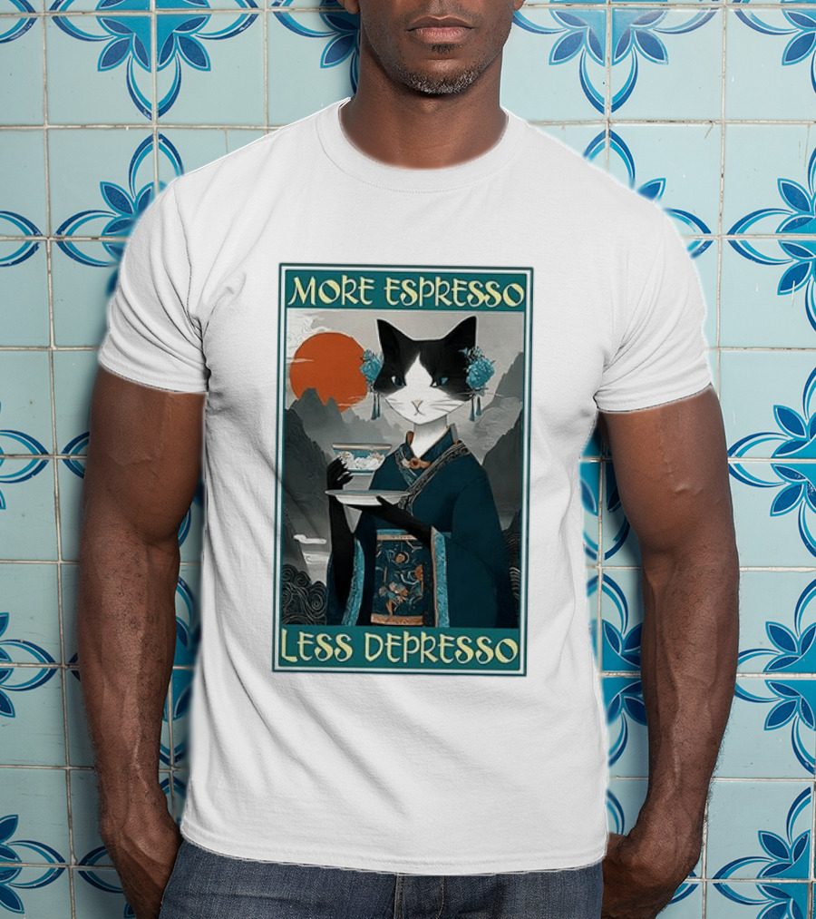 More Espresso Less Depresso Zen Barista Cat Ukiyo E T-Shirt