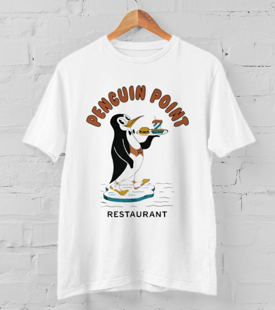 Penguin Point Restaurant Mascot Penguin With Bow Tie And Meal T-Shirt