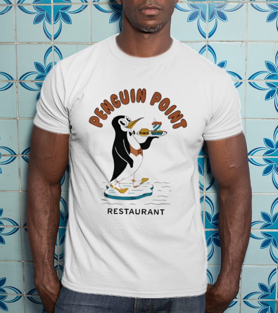 Penguin Point Restaurant Mascot Penguin With Bow Tie And Meal T-Shirt