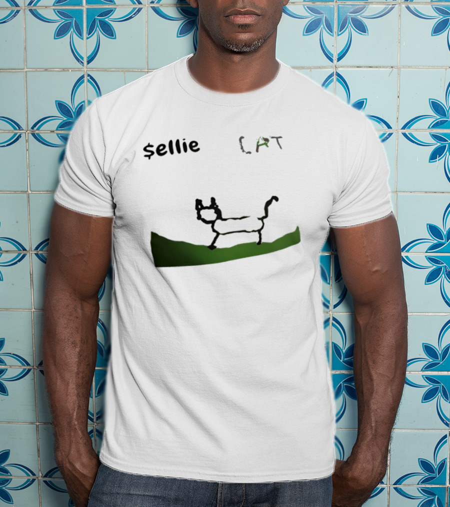 $sellie CAT Drawing Sketch With Green Ground T-Shirt