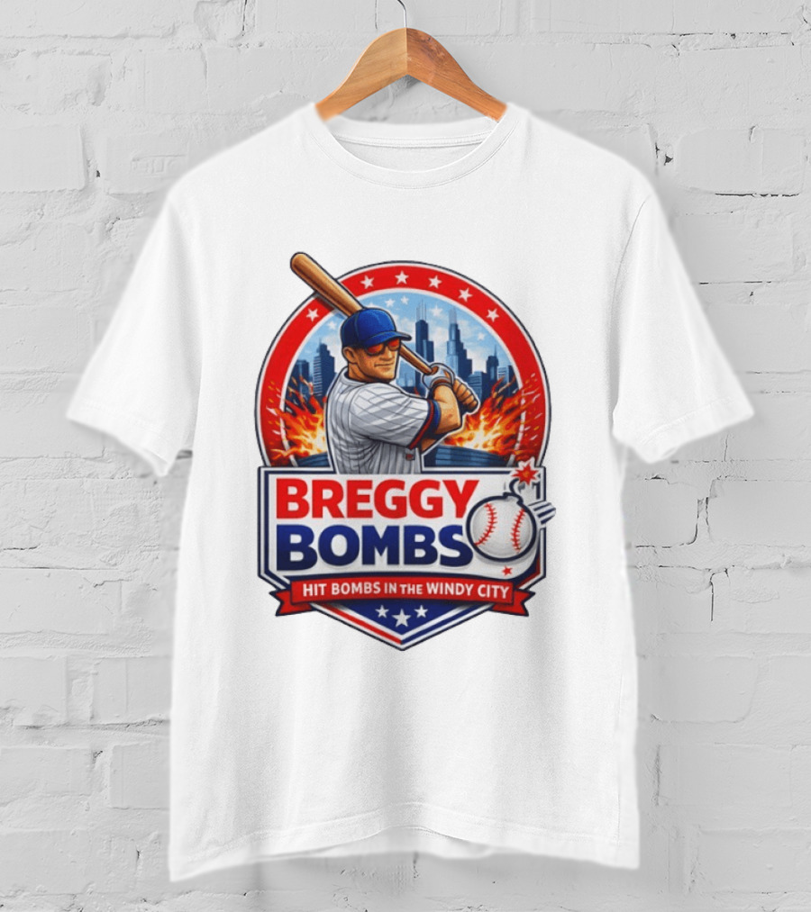 Breggy Bombs Hit Bombs In The Windy City Baseball Power Chicago Skyline Fireworks T-Shirt