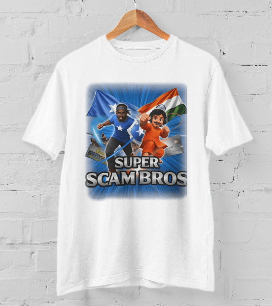 Super Scam Bros Indian Flag With Cartoon Superheroes And Credit Cards T-Shirt