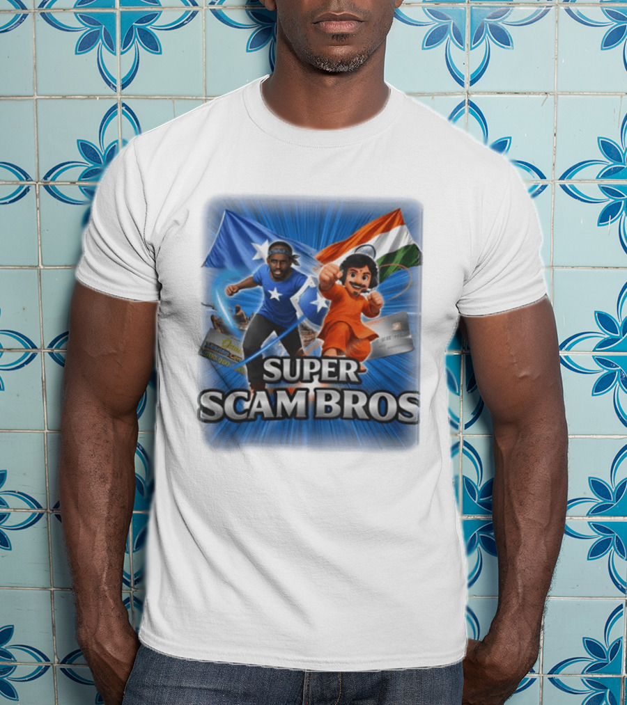 Super Scam Bros Indian Flag With Cartoon Superheroes And Credit Cards T-Shirt