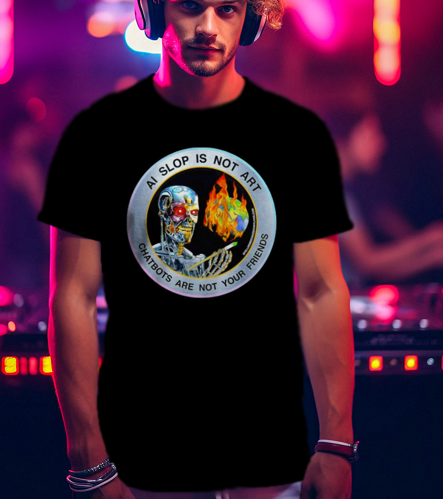 AI Slop Is Not Art Chatbots Are Not Your Friends Cyborg Painting Flames T-Shirt