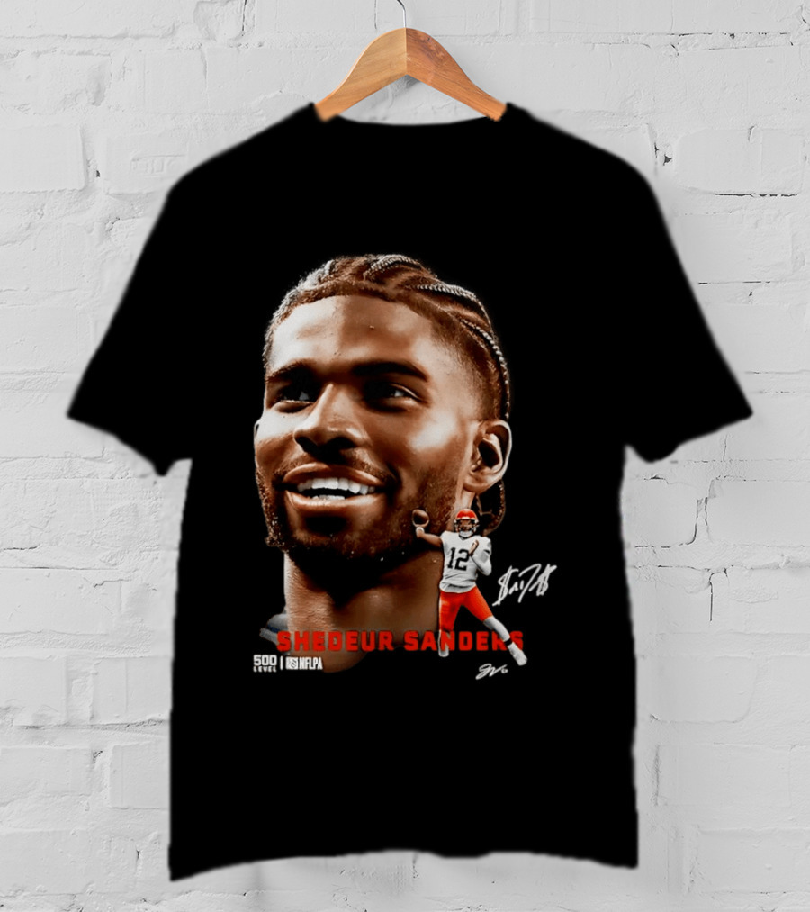 Shedeur Sanders NFLPA 500 Level Dual Autograph Cleveland 12 T-Shirt