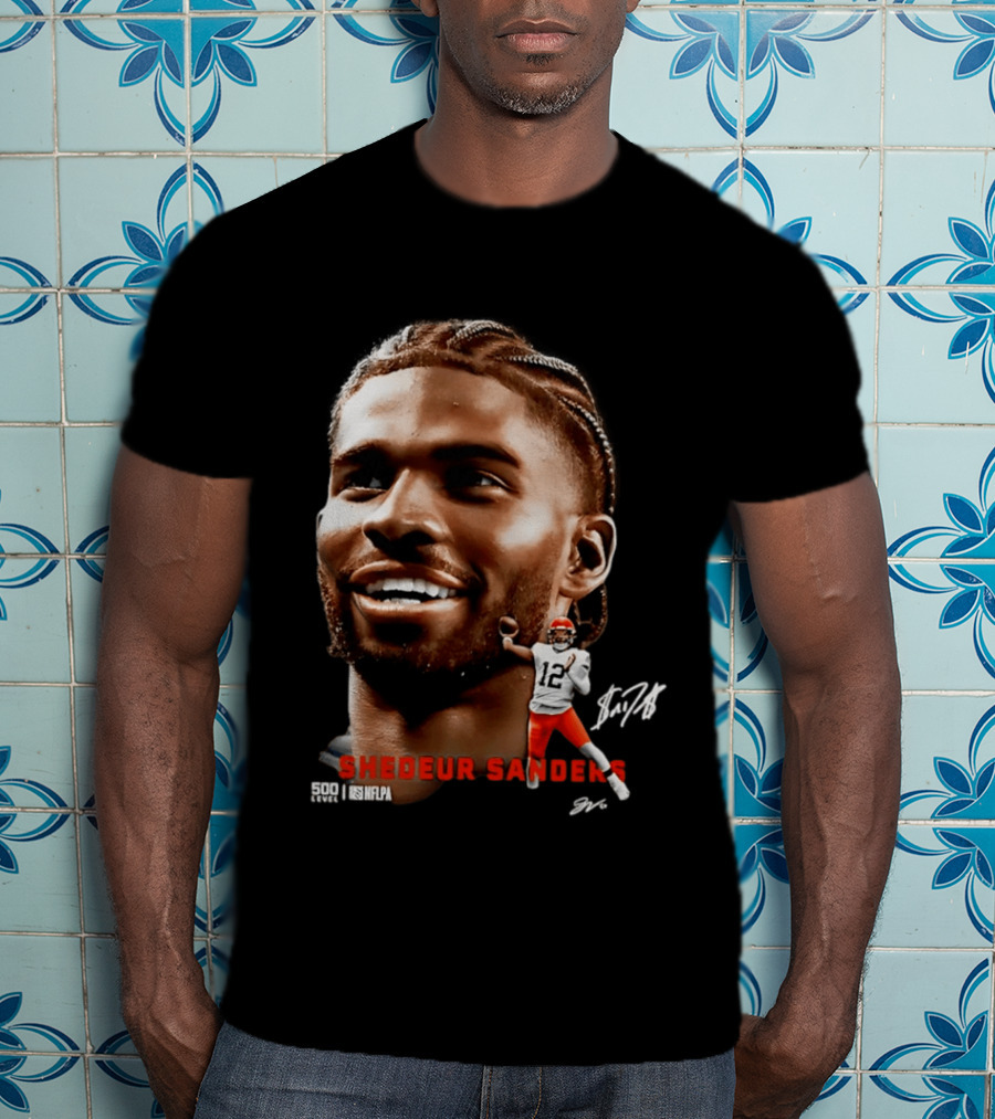 Shedeur Sanders NFLPA 500 Level Dual Autograph Cleveland 12 T-Shirt