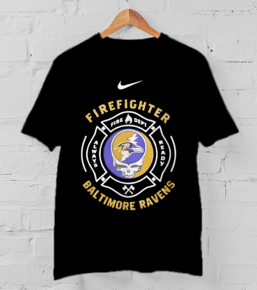 Nike Baltimore Ravens Grateful Dead Firefighter Ravens Heads SFDNY Station 26 Engine 58 T-Shirt
